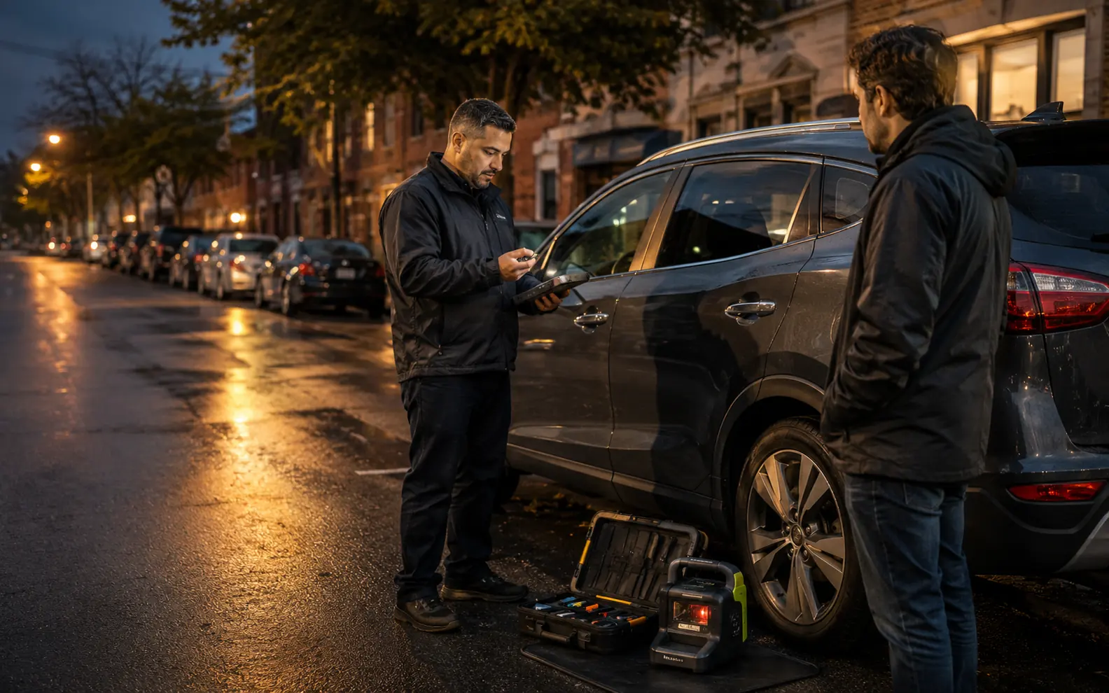 Mobile automotive locksmith equipment beside a vehicle for Connecticut service