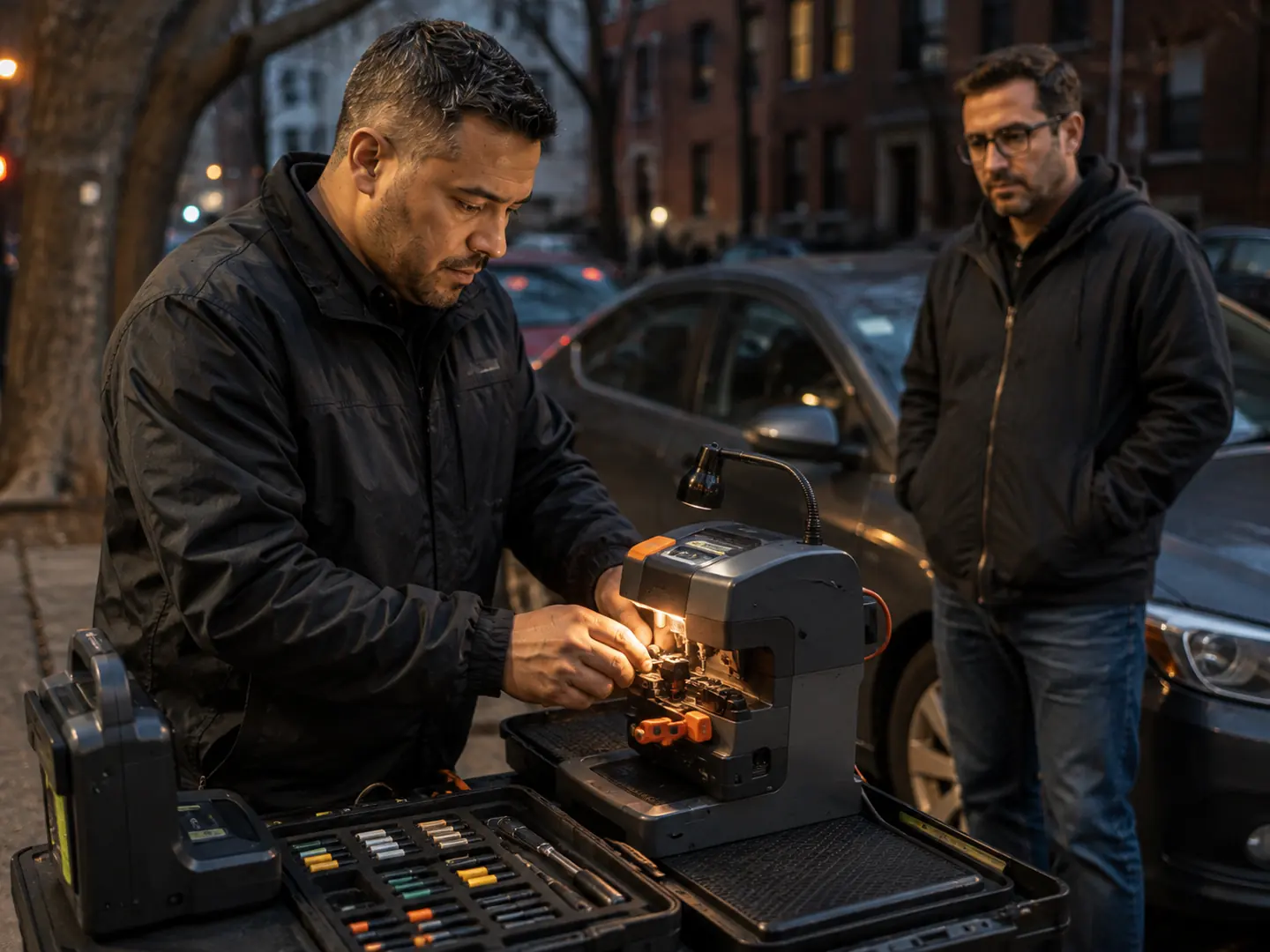 Automotive locksmith preparing a replacement car key at a mobile cutting station