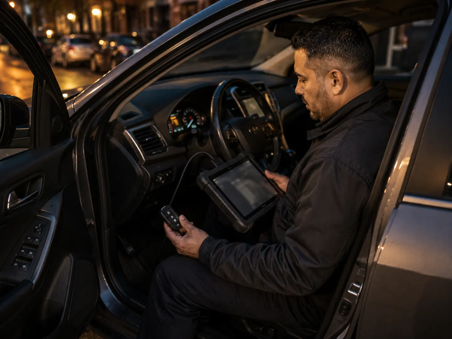 Automotive key programming equipment used beside a vehicle in Queens