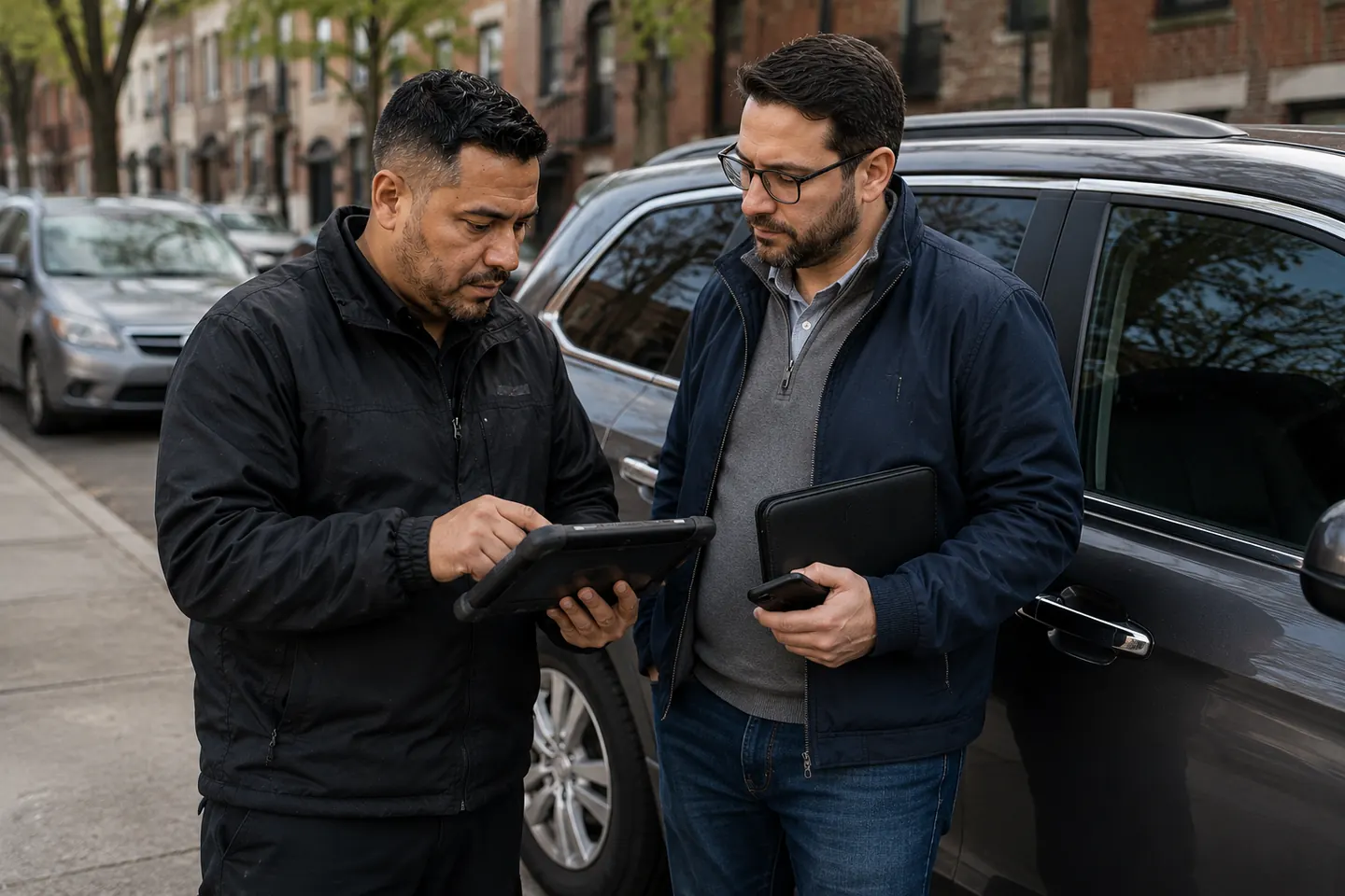 Automotive locksmith reviewing service authorization on a tablet beside a vehicle owner